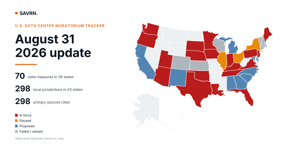 Data Center Moratorium Tracker Update: August 31, 2026