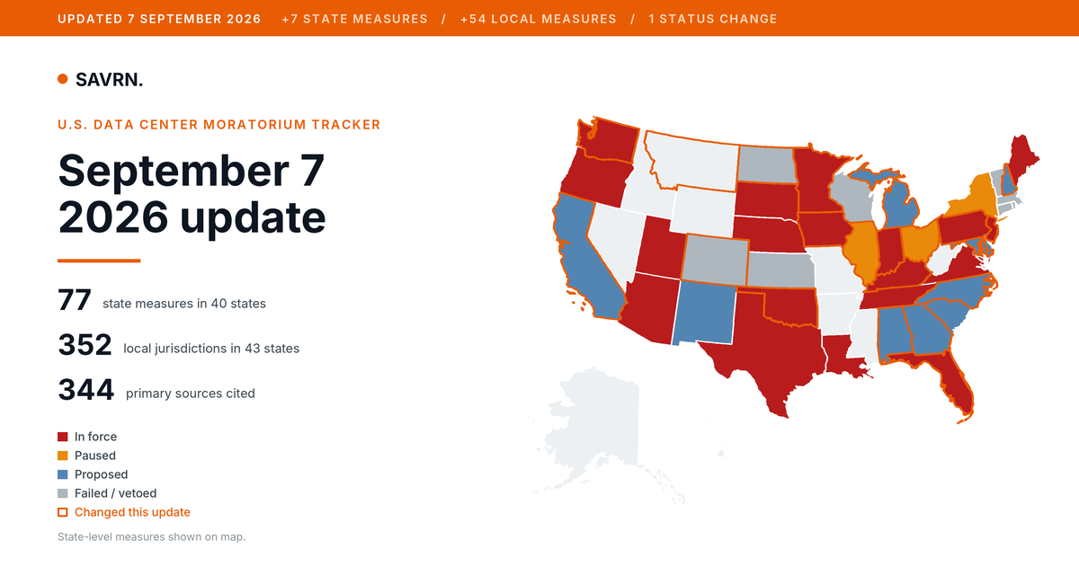 Data Center Moratorium Tracker Update: September 7, 2026