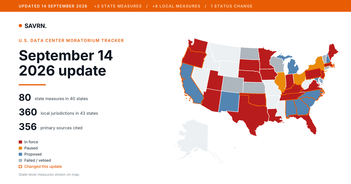 Data Center Moratorium Tracker Update: September 14, 2026