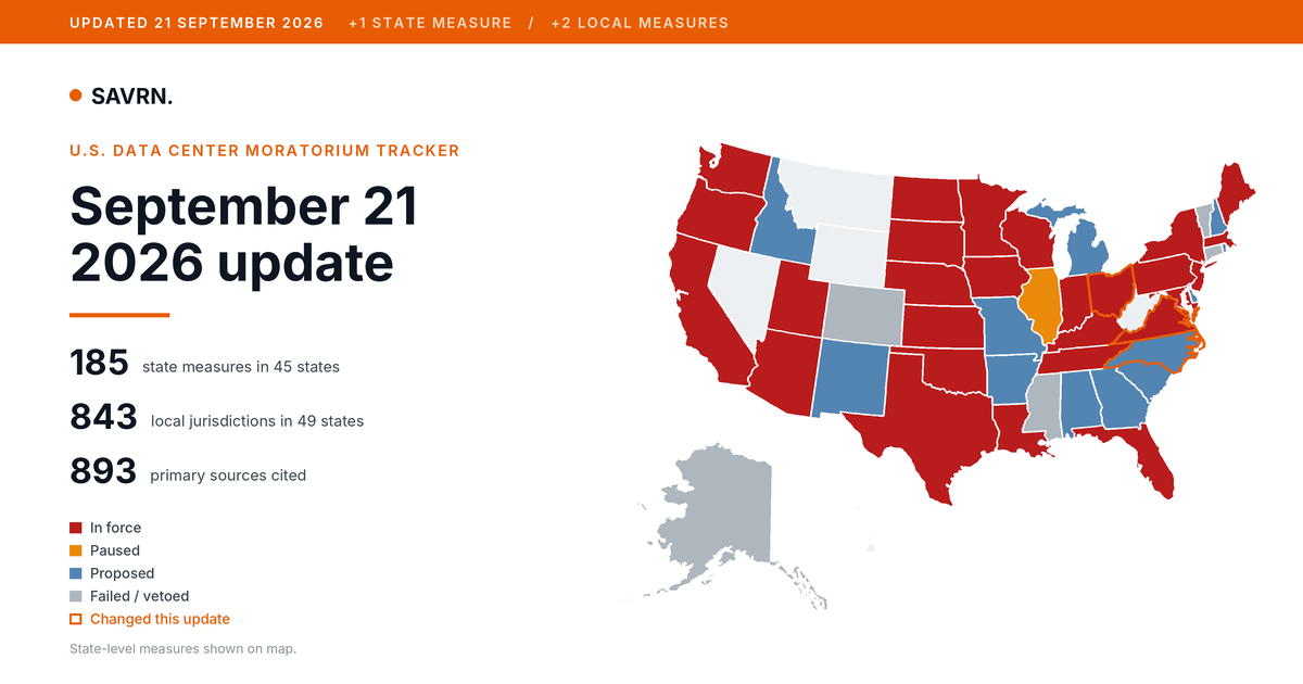 Data Center Moratorium Tracker Update: September 21, 2026