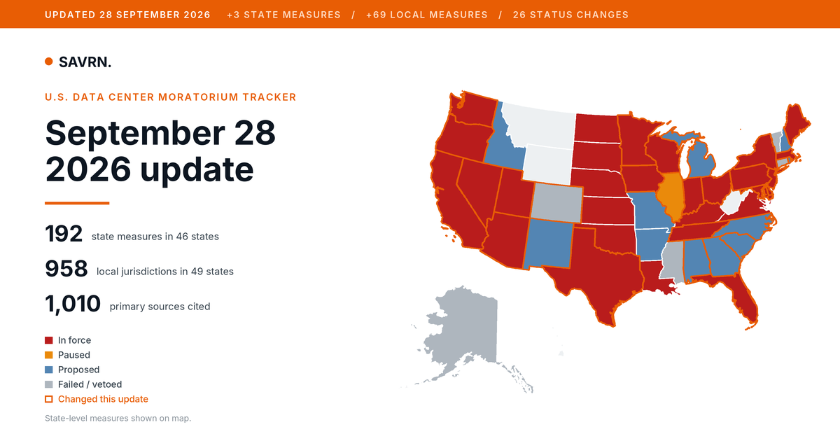 Data Center Moratorium Tracker Update: September 28, 2026