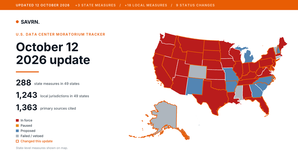 Moratorium Tracker Update, October 12, 2026: States and Localities Weigh Data Center Regulations