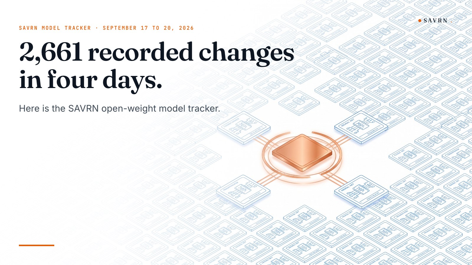 SAVRN Model Tracker cover art: a field of faded blueprint model cards with one copper chip at the center