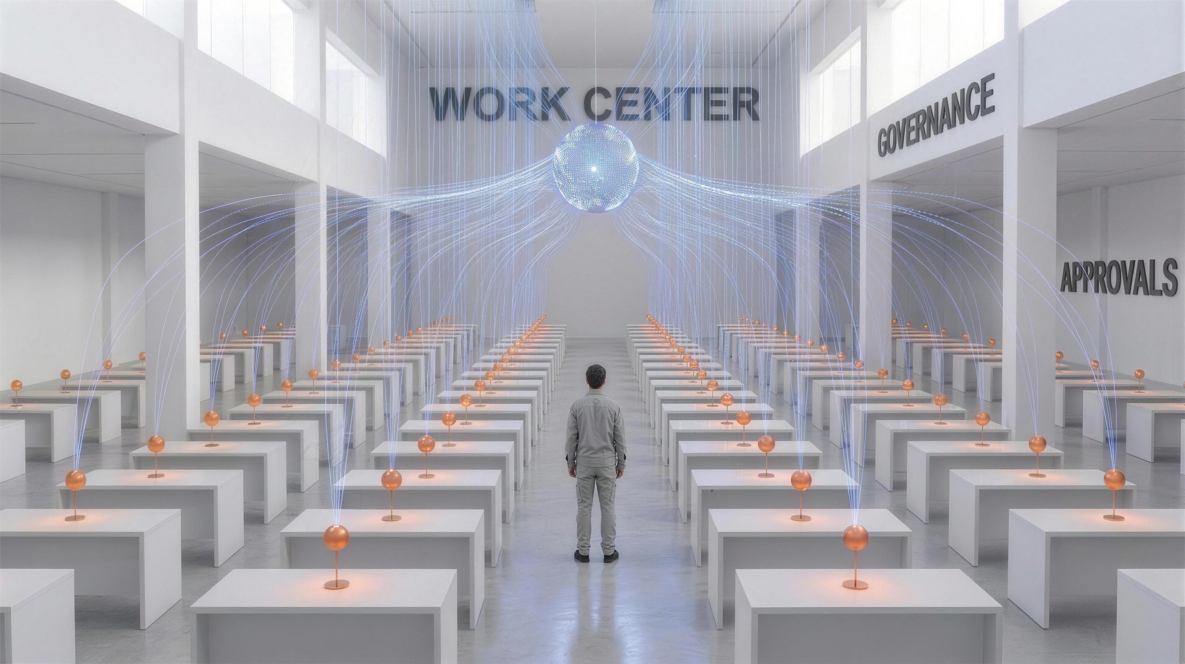 A hall of copper agent orbs at white desks, threads of light converging on one hub overhead