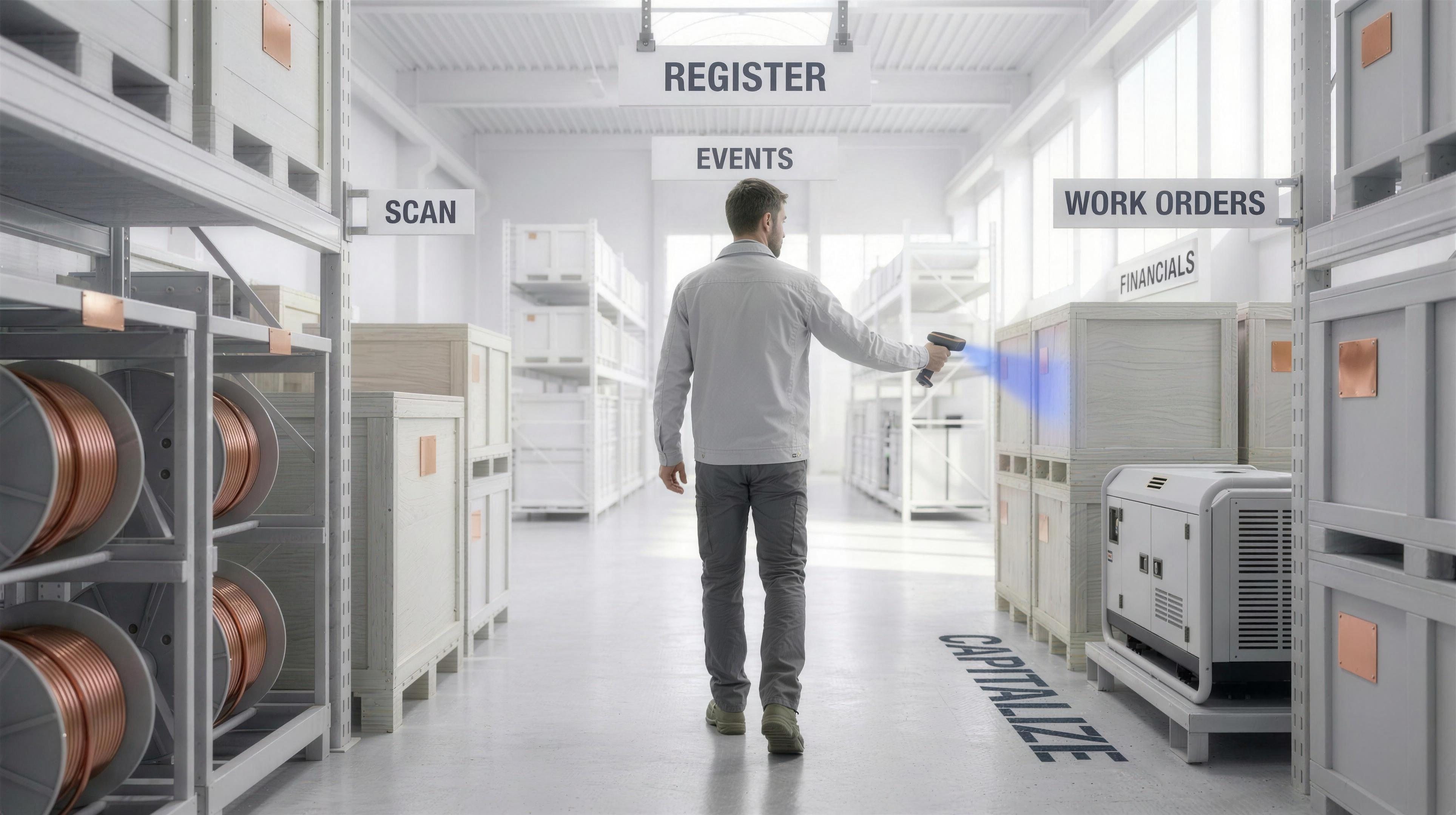 A technician scanning a copper asset tag with a blue beam in a bright warehouse aisle