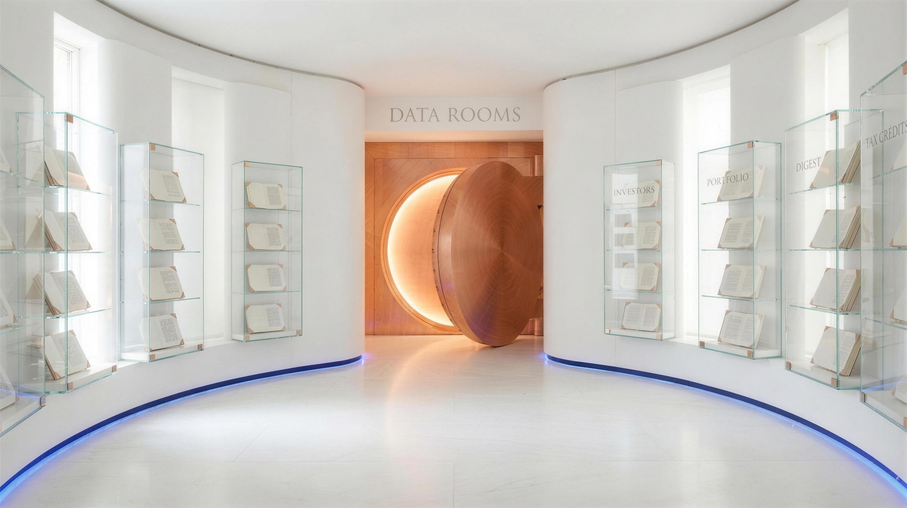 A circular white reading room with document vitrines and a massive copper vault door standing open