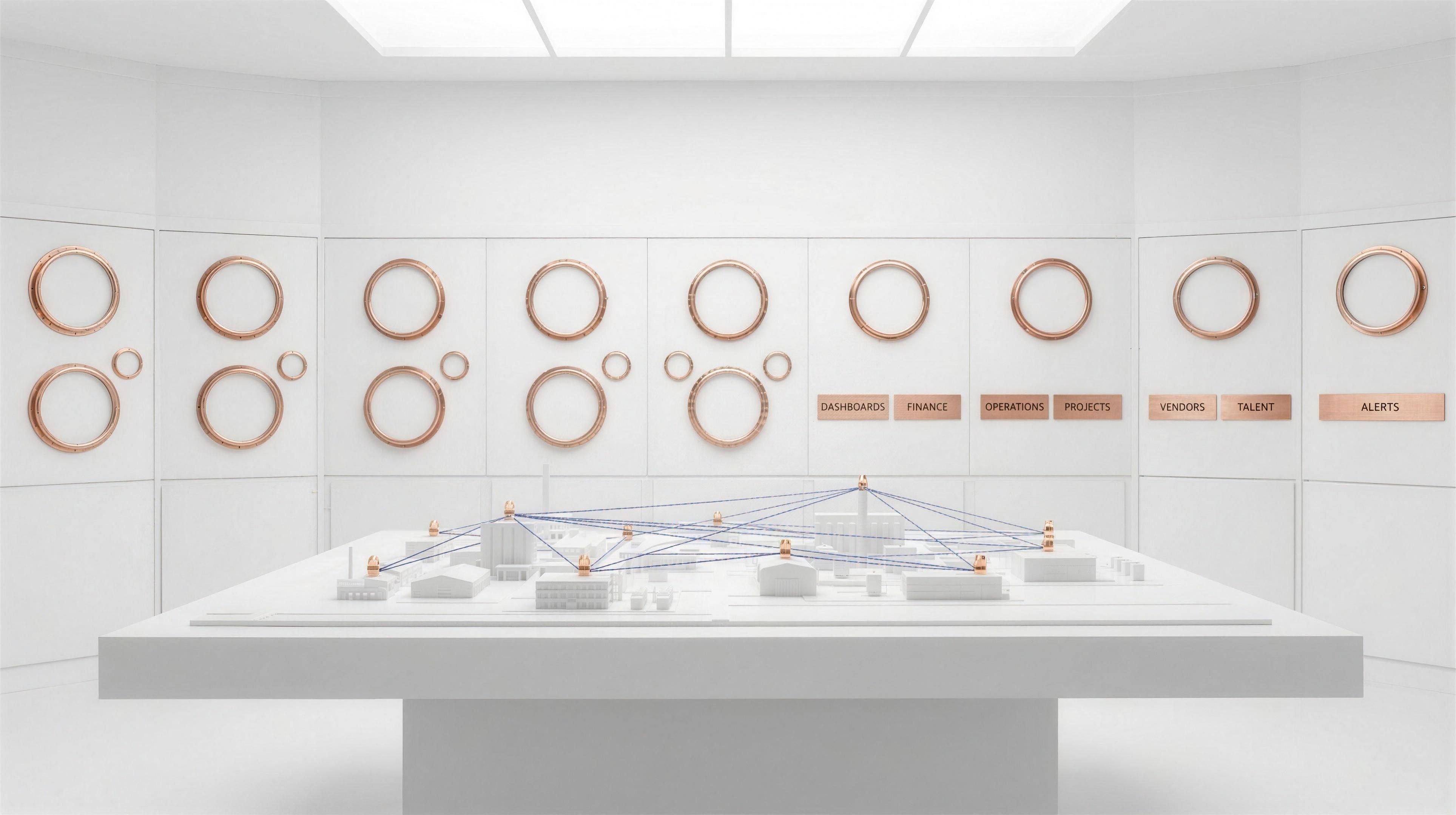 A white control room: a wall of copper instrument rings above a physical model of a SAVRN campus