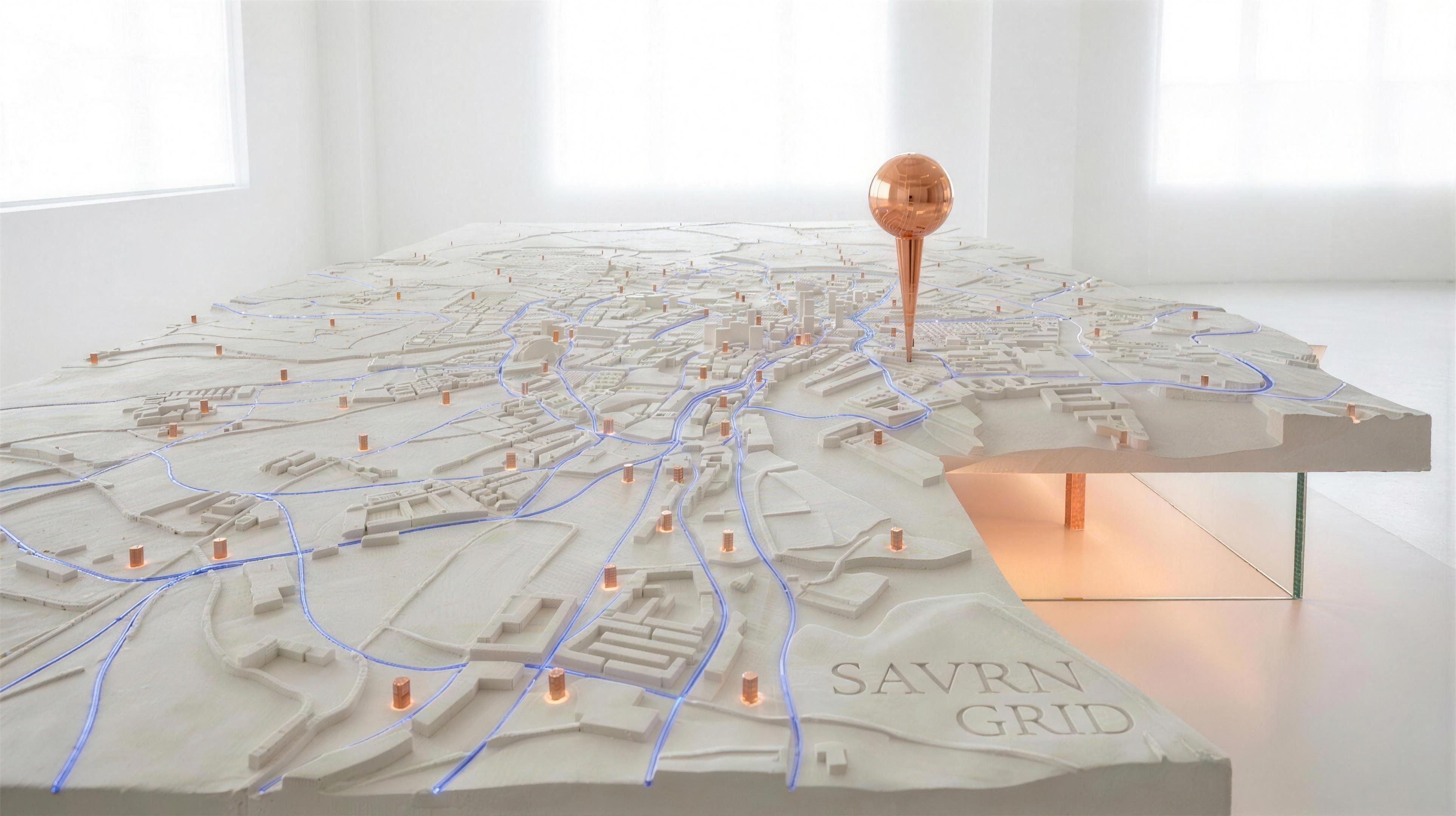 A bone-white relief map of a city region, copper substation nodes and blue fiber filaments glowing across it