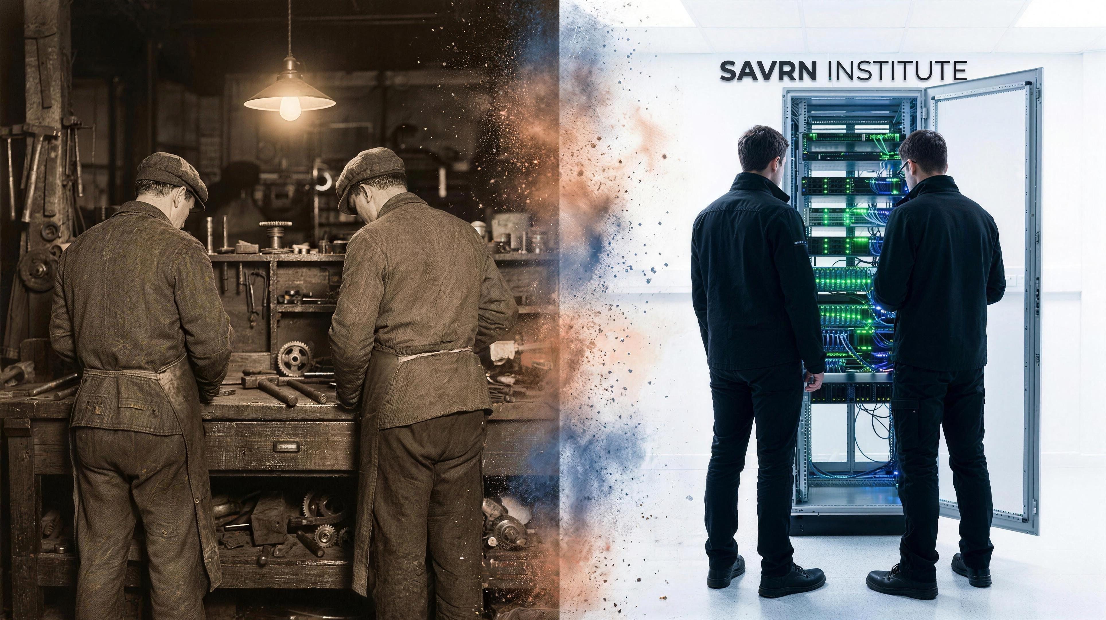 A 1900s machine shop dissolving through copper and cobalt embers into a modern GPU training lab