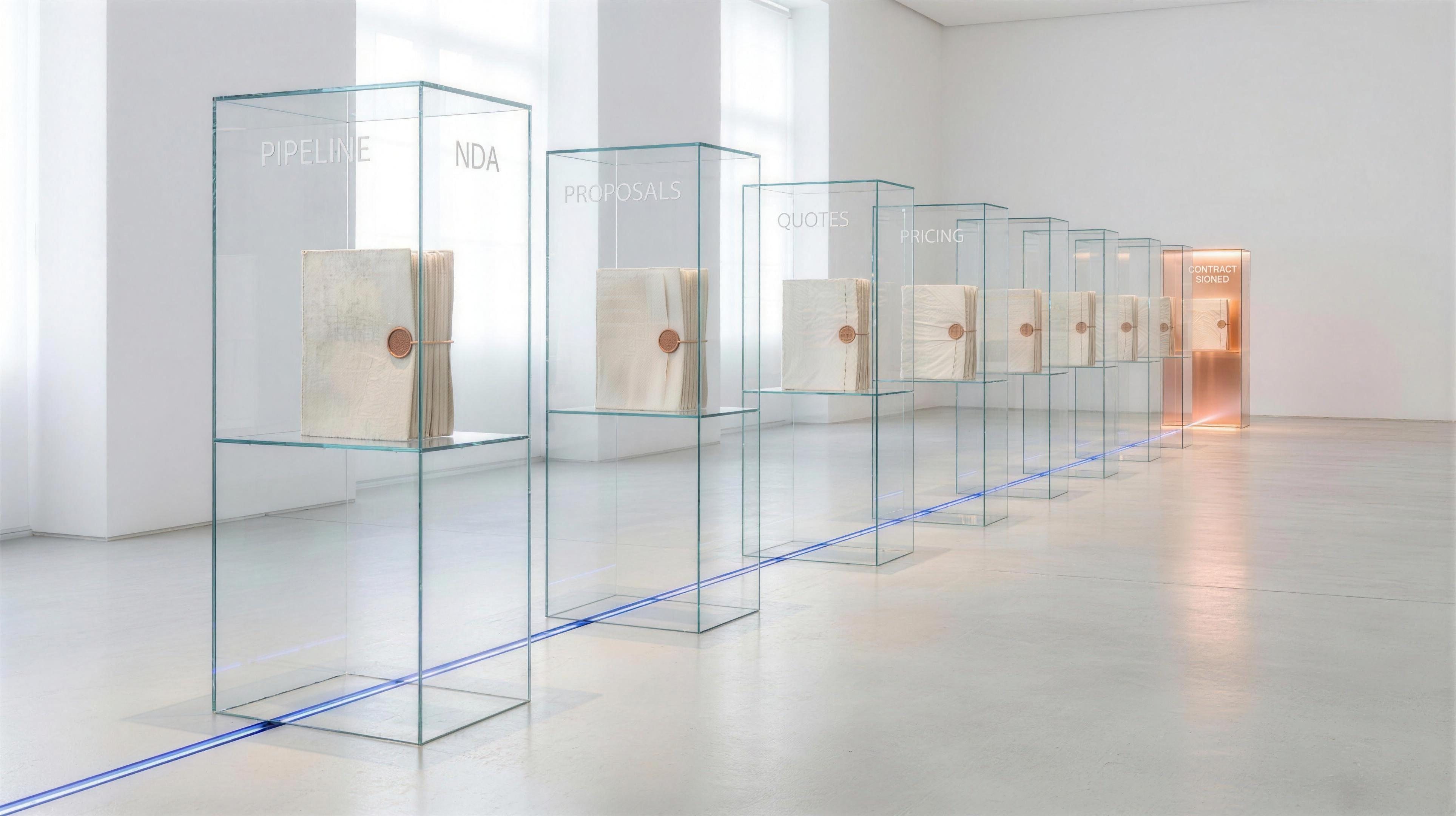 A gallery of sealed contracts in glass cases, connected by a glowing blue line, ending at a copper-lit case