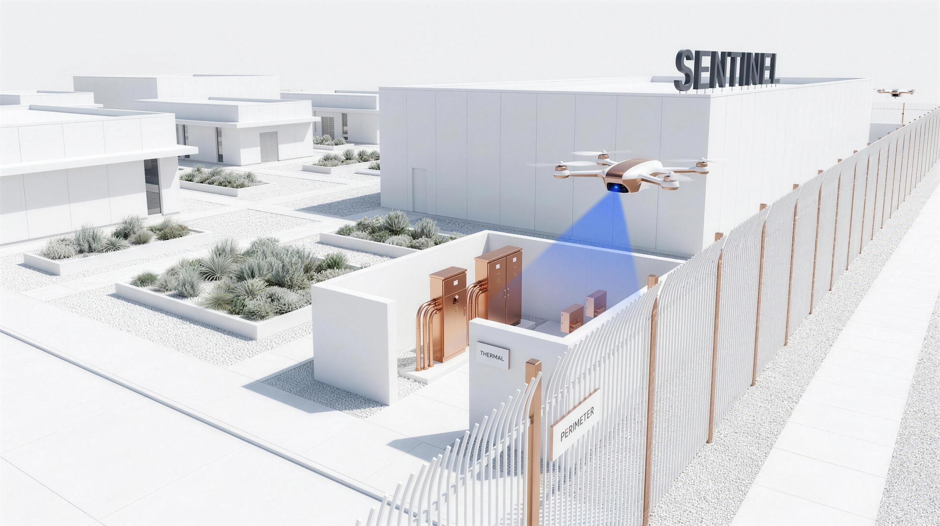 A Sentinel drone hovering over a SAVRN campus, scanning the electrical yard with a blue beam, the perimeter fence curving behind