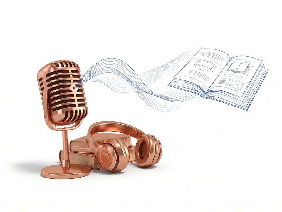 A copper studio microphone and headphones on a stack of books, with blueprint sound waves flowing into a sketched open book