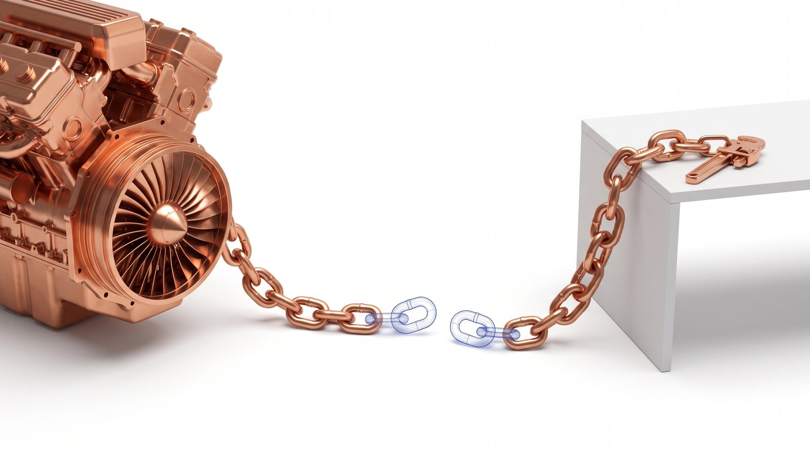 A copper engine linked by chain to a small hand tool, two chain links only sketched: capability is not benefit