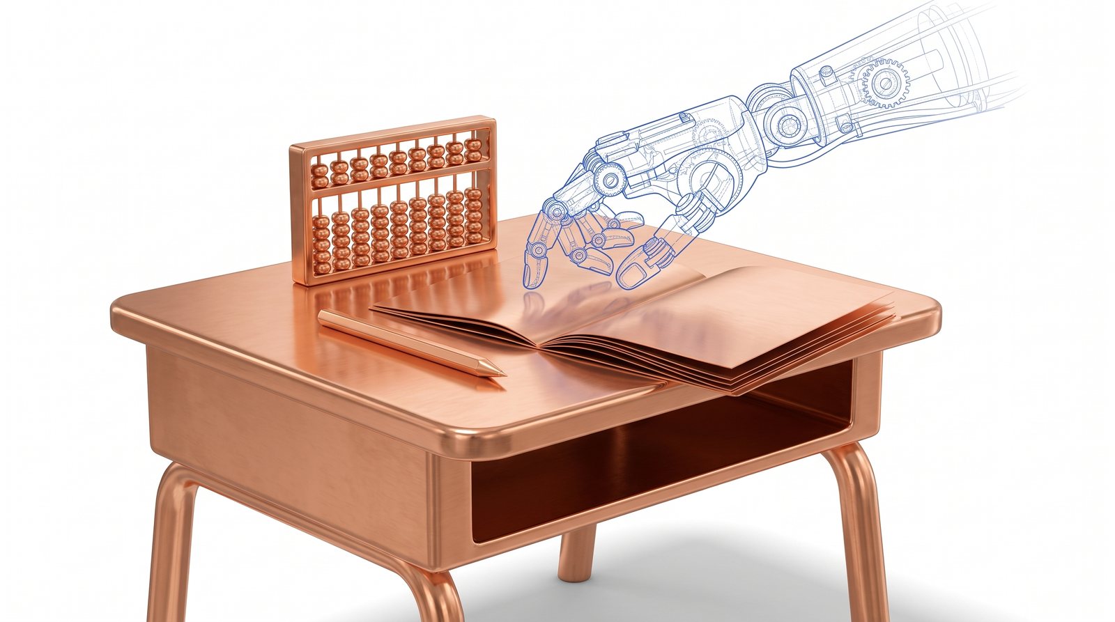 A copper school desk and notebook with a ghosted blueprint robot hand reaching in to write the answers