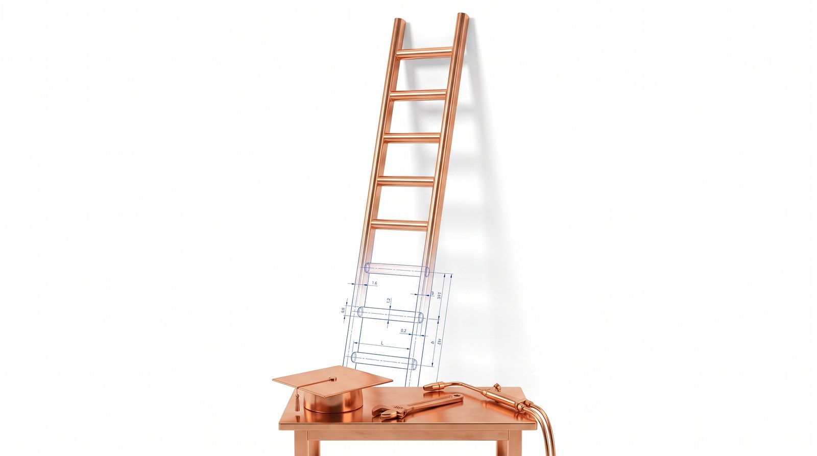 A copper career ladder whose bottom rungs exist only as blueprint lines, above a graduation cap and trade tools