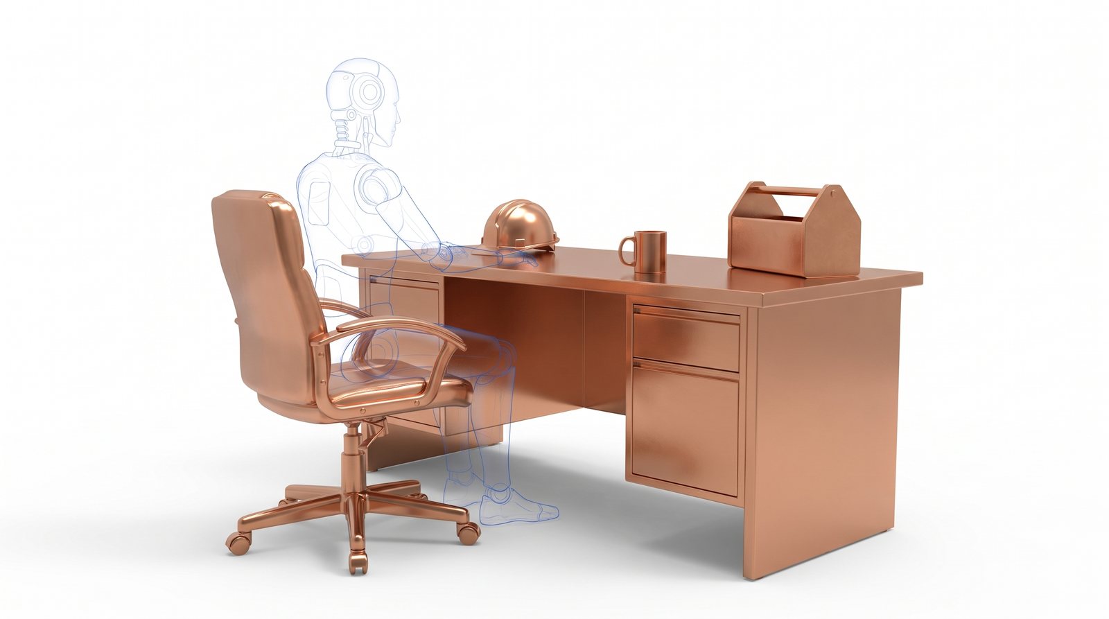 A copper desk and hard hat with only a faint blueprint outline of a robot in the chair: exposure is not displacement