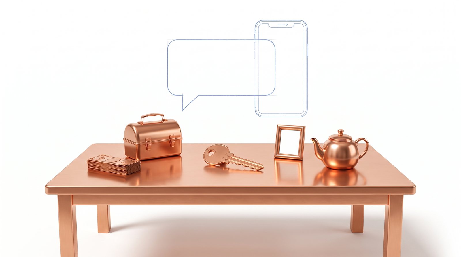 A copper kitchen table with bills, lunchbox and keys under a sketched blueprint chat bubble and phone