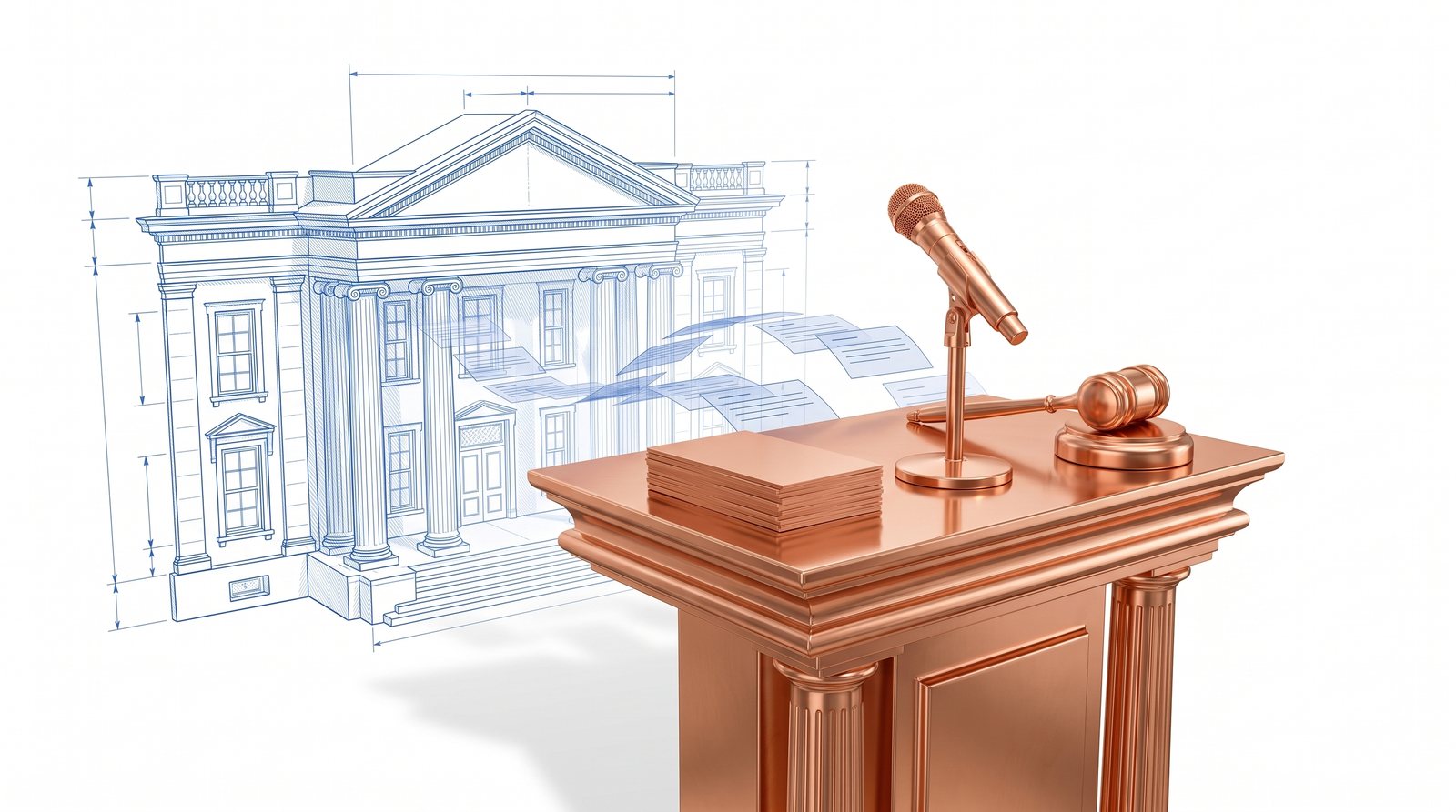 A copper public meeting podium, microphone and gavel before a blueprint town hall streaming comment cards