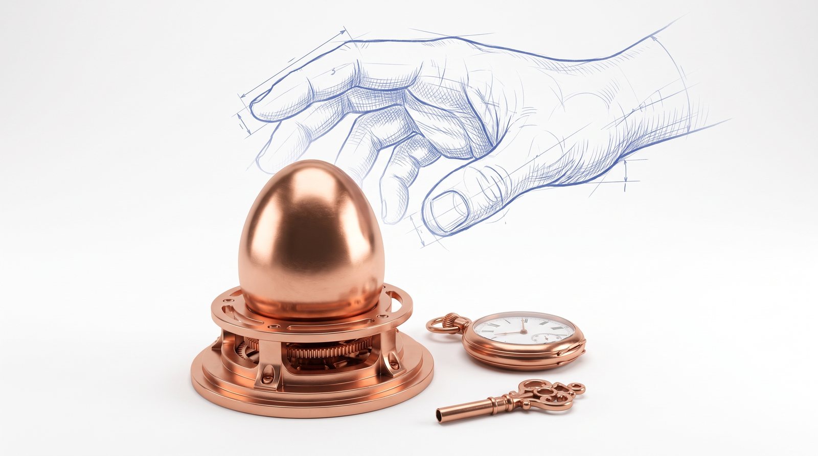A copper nest egg in a machined cradle beside a pocket watch, with a sketched blueprint hand reaching toward it