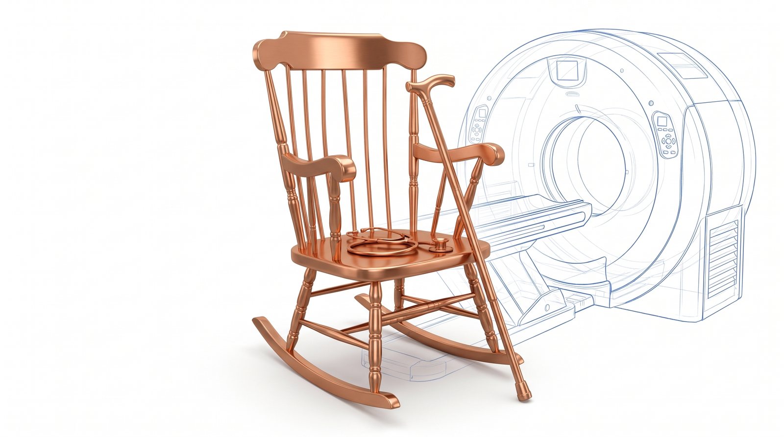 A copper rocking chair with a stethoscope and cane beside a medical scanner drawn only in blueprint lines
