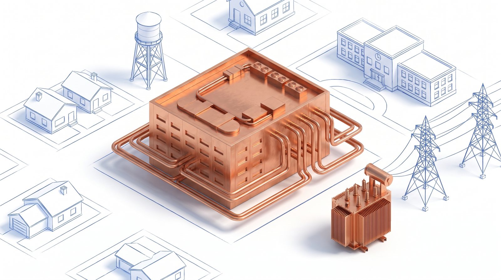 A copper AI factory model with a closed cooling loop and transformer, surrounded by a blueprint town, water tower and grid