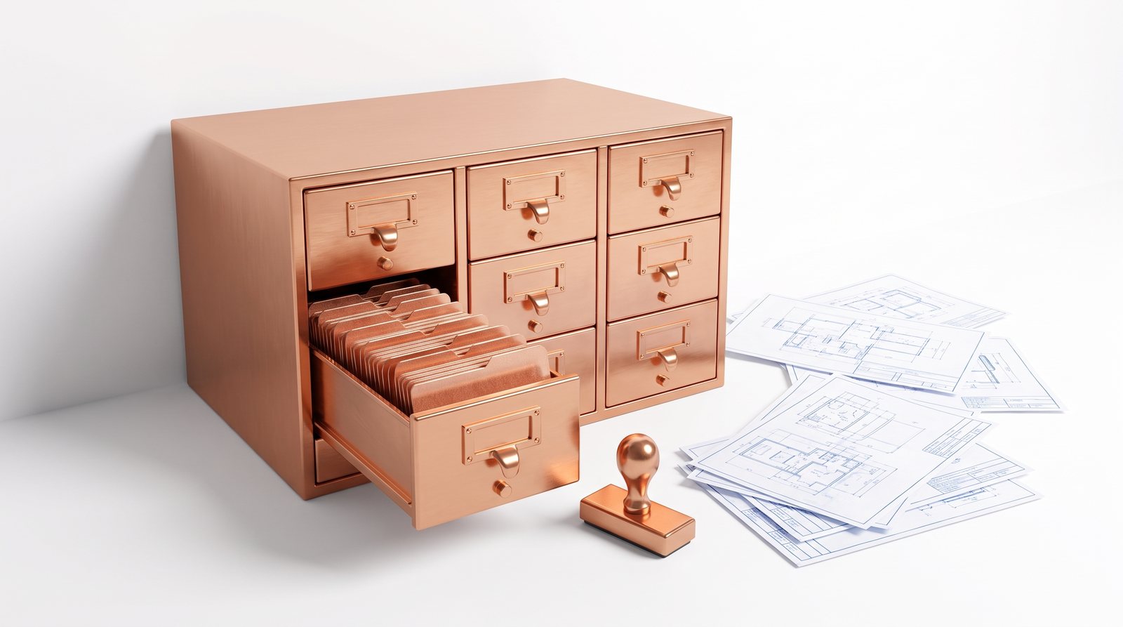 A copper ten-drawer card catalog of claim records beside a loose blueprint pile of unfiled claims