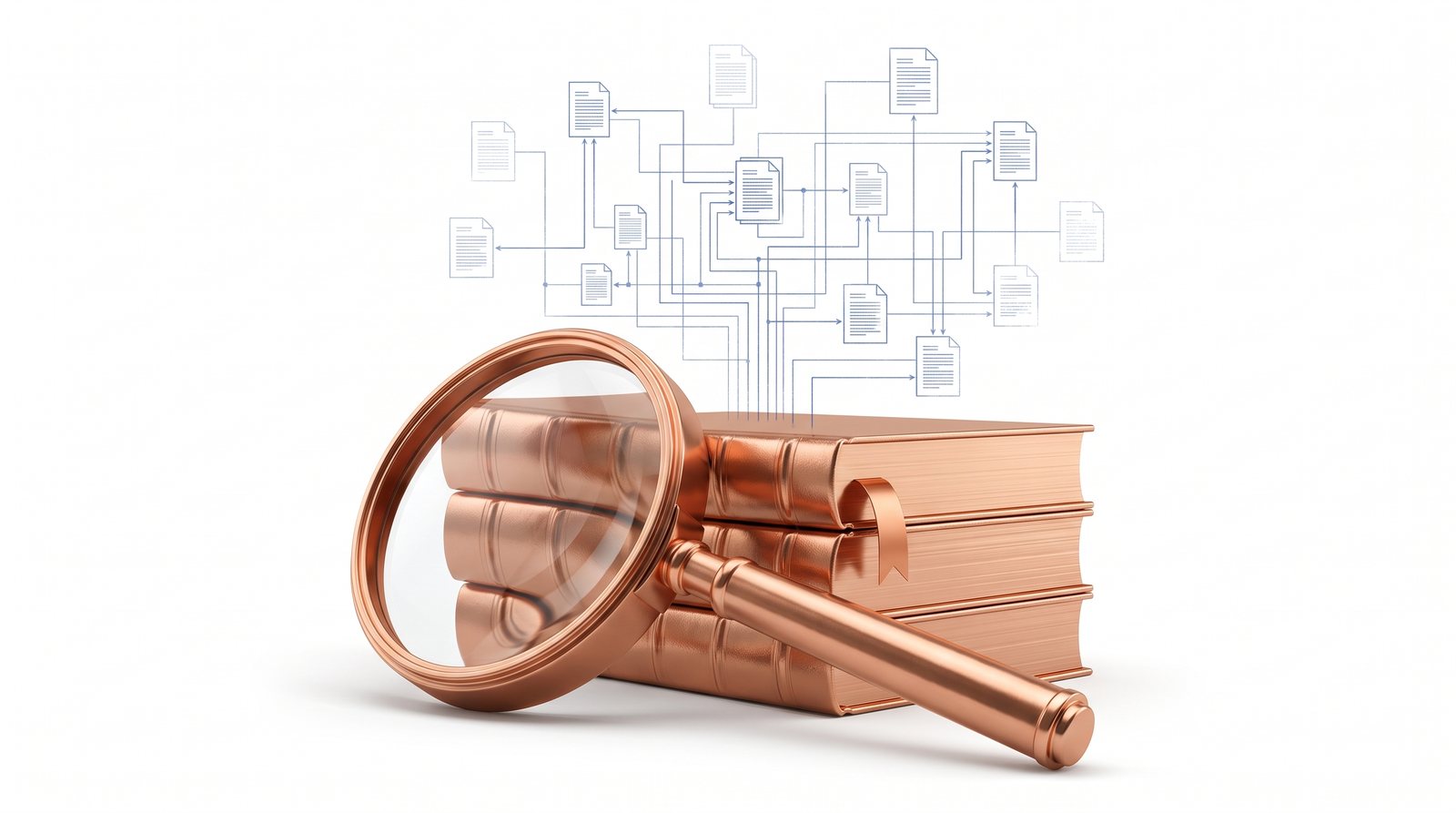 A copper magnifying glass on a stack of reference volumes, with blueprint citation lines linking ghosted source documents