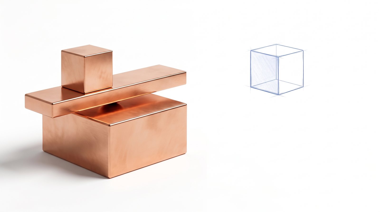 A copper fraction sculpture, a cube resting on a bar over a wide block, beside the same cube floating alone in blueprint lines
