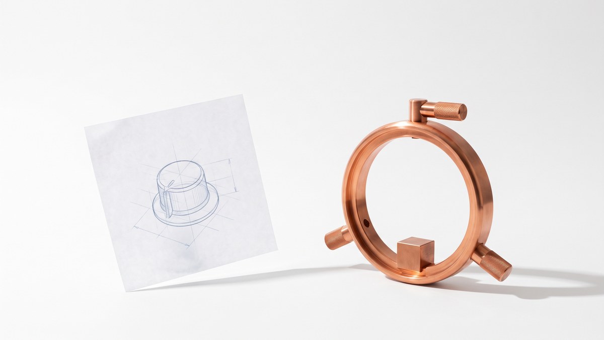 A solid copper loop with three copper levers mounted on it and a copper cube at its center