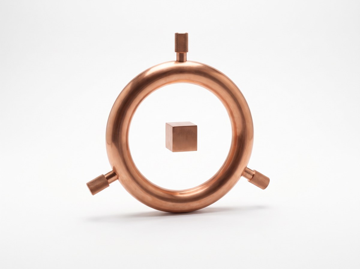 A polished copper ring standing upright with three knurled copper levers at the top, lower left and lower right