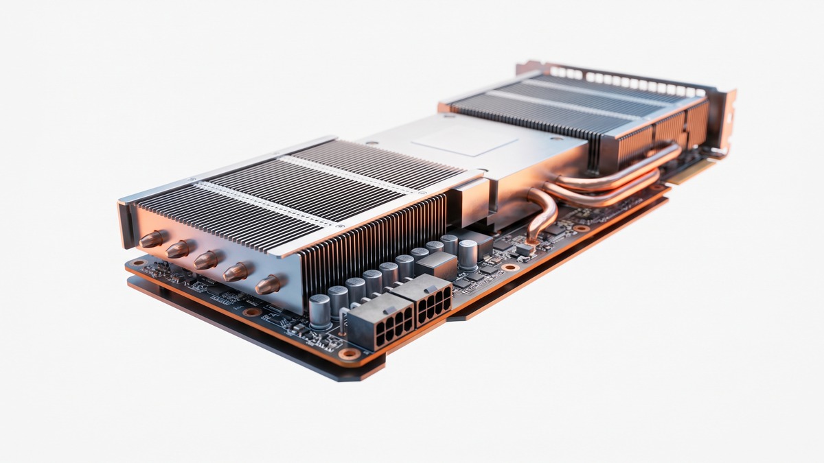 Macro photograph of an AI accelerator GPU card with heatsink and power connectors