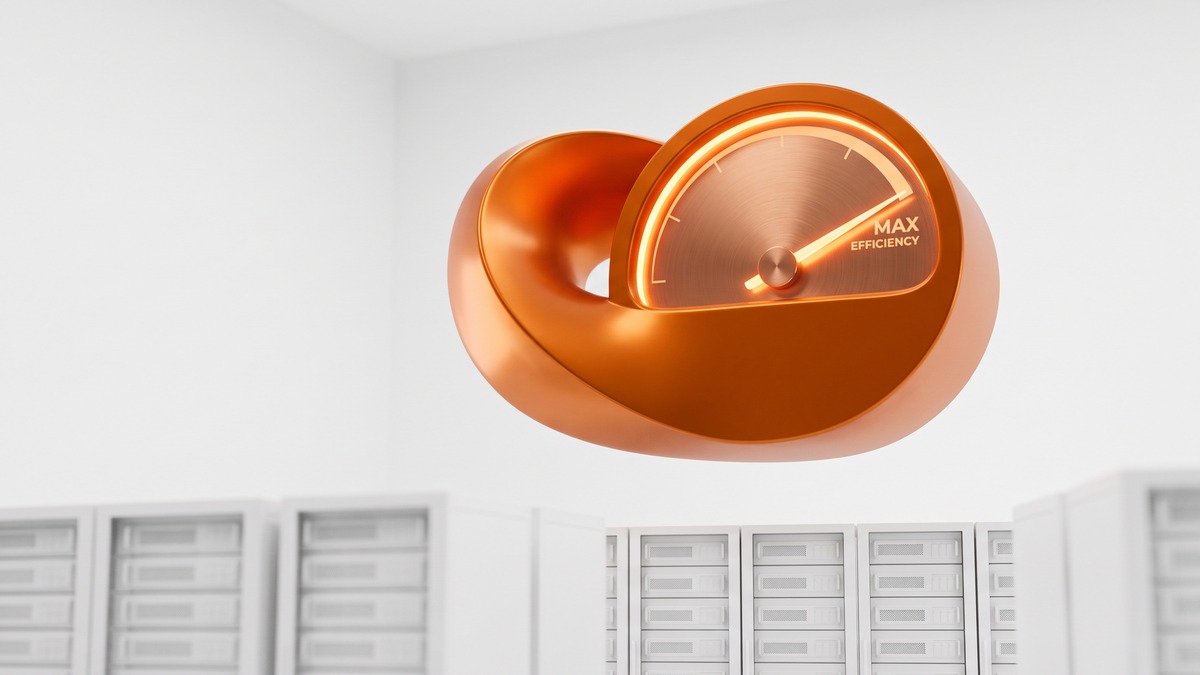 Abstract visualization of a power meter dial above a row of server racks