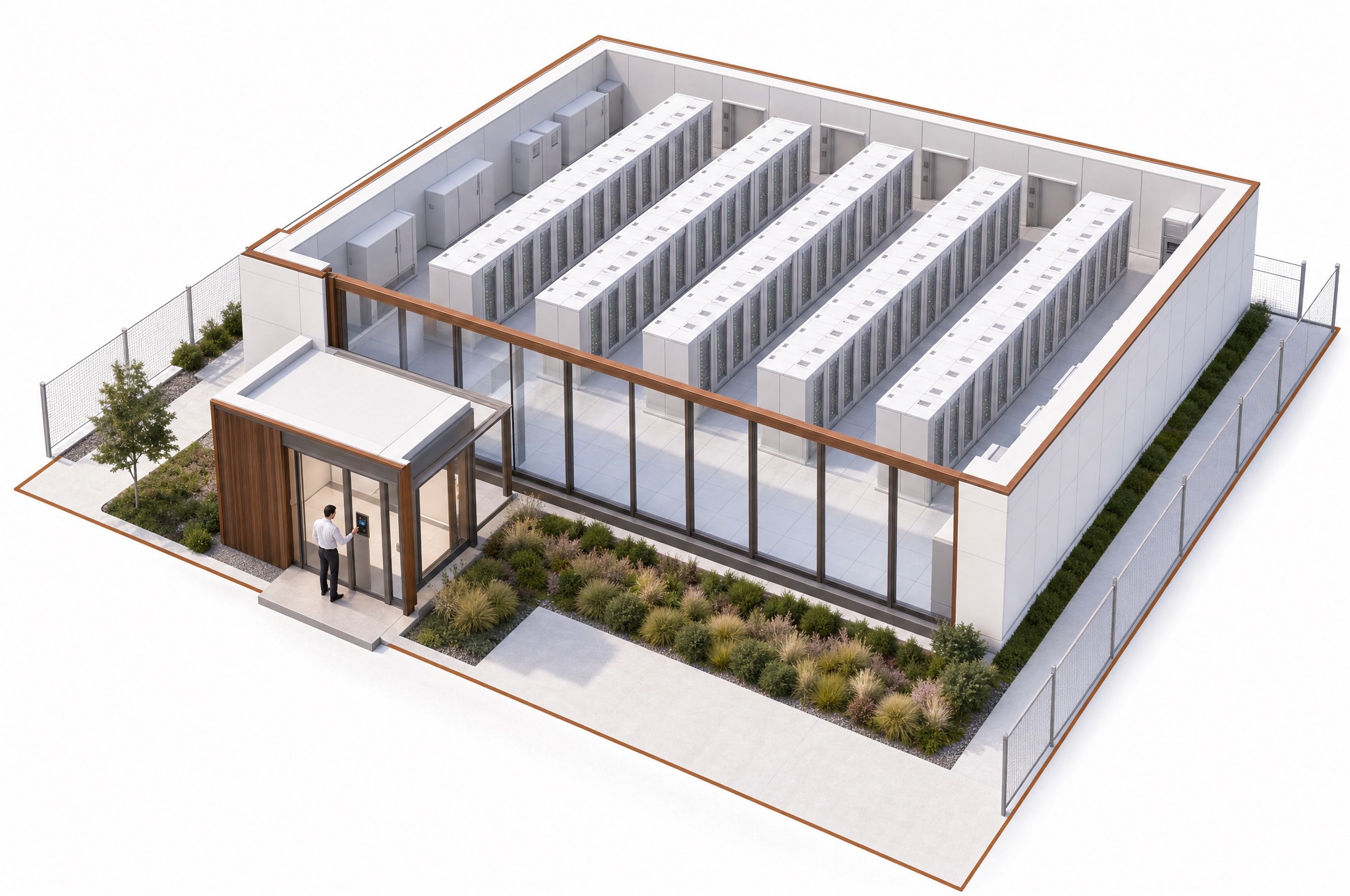 Cutaway of a secure on-premises data vault on the SAVRN campus: rows of storage racks behind a badge-and-biometric access point, with no exterior windows.