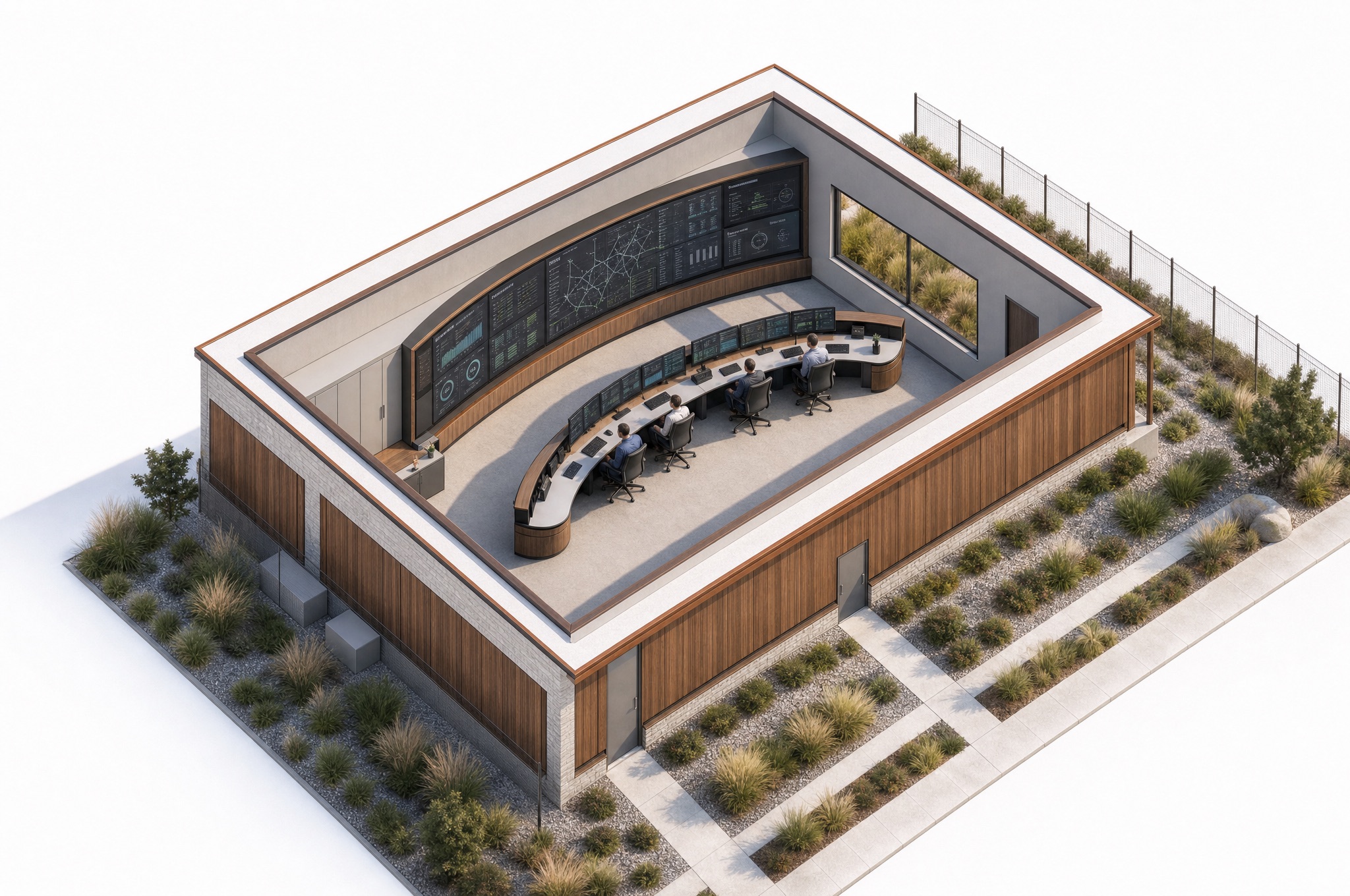 Cutaway of a SAVRN campus operations control room: operators at a curved console facing a wall of status displays, with the fenced campus boundary visible through the window.