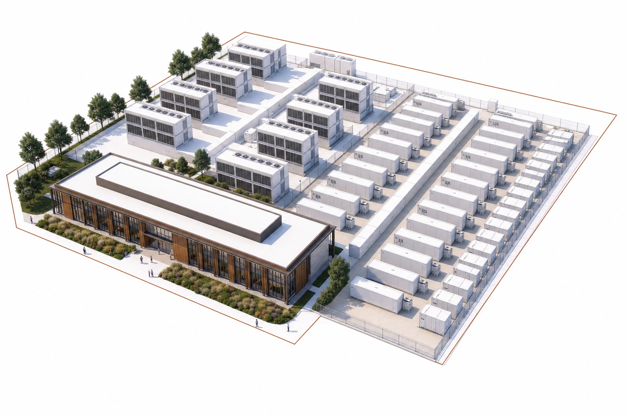 The SAVRN campus's on-site fuel-cell power field: rows of white modular fuel-cell units beside the data center blocks, with no utility connection in sight.