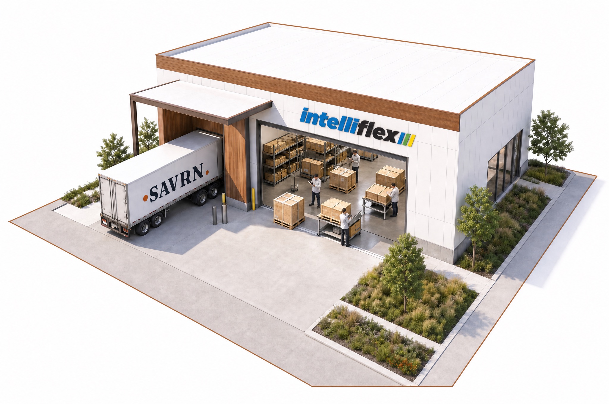 A receiving bay on the SAVRN campus, the IntelliFlex logo mounted above the entrance: a SAVRN-liveried delivery truck backed up to the dock while staff inspect and log each crate against a manifest.