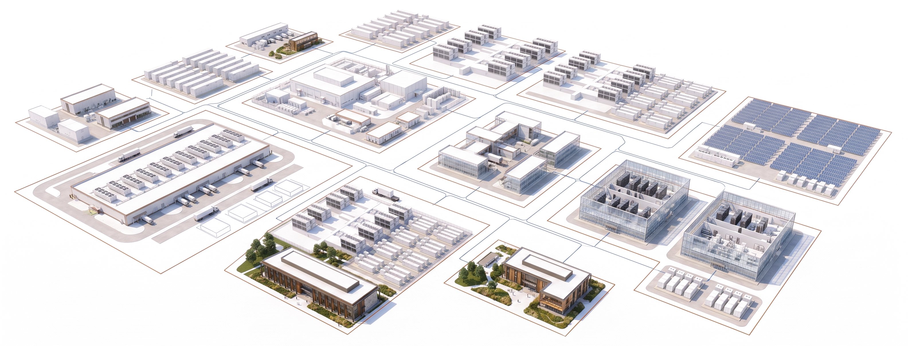 Concept illustration of the AI infrastructure market laid out as one model: hyperscale data halls, modular data center blocks, research labs, solar and battery fields and training buildings, each inside its own boundary and linked across the map. Roadside signs mark SAVRN's campus and the two IntelliFlex OctoPod sites.