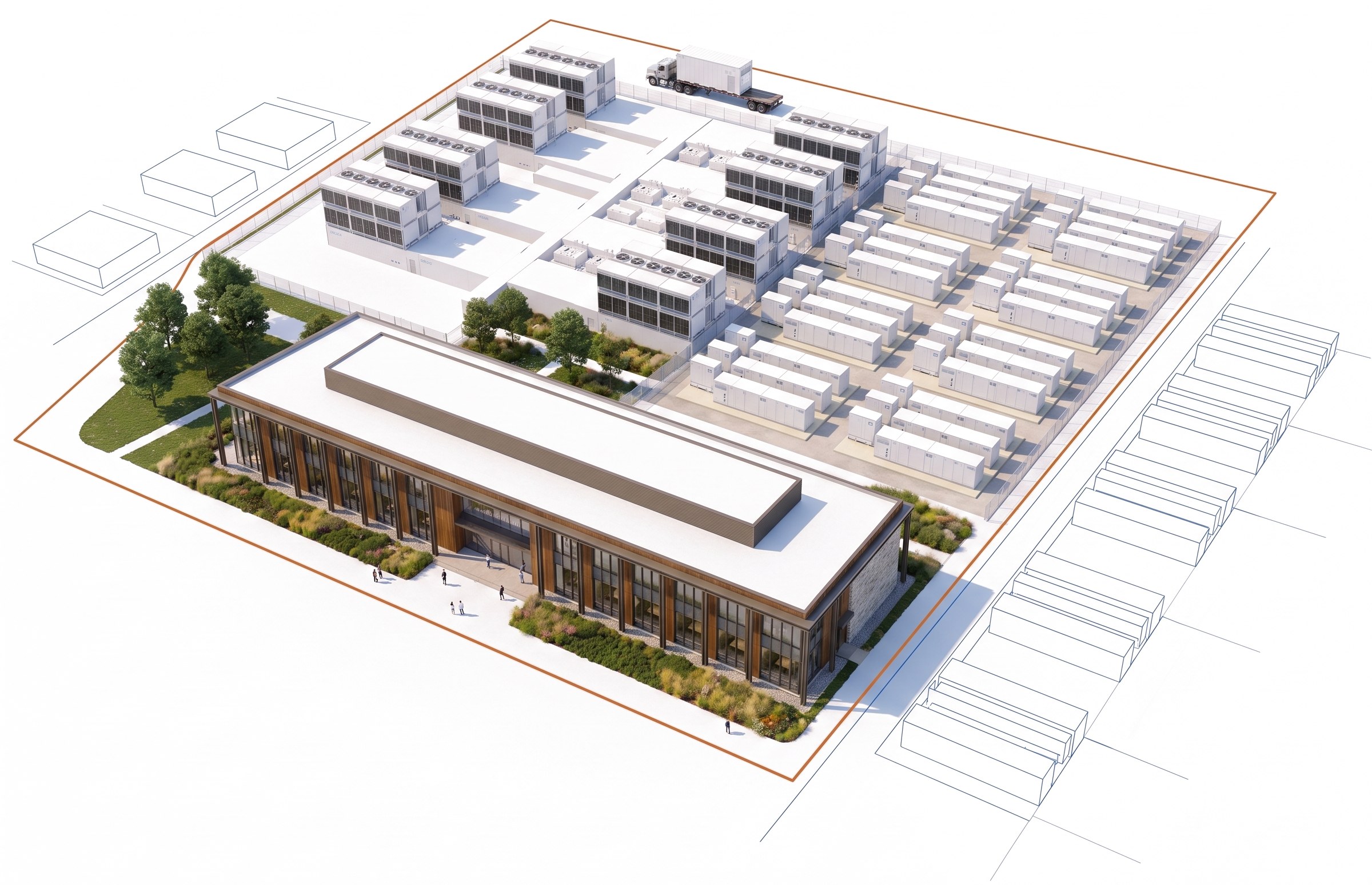 Concept illustration of one SAVRN campus inside a single copper perimeter: the SAVRN Training Institute in front, modular data center blocks behind it, rows of on-site fuel-cell power modules beside them, a truck delivering a prefabricated module, and blueprint outlines of the blocks still to come.