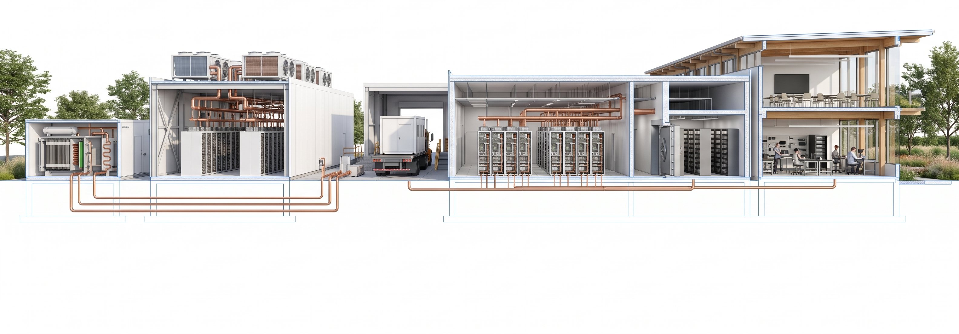 Concept illustration of one SAVRN campus in section, read left to right: on-site fuel-cell power, a modular data center block, a delivery bay, a compute hall, a secure data vault and the Training Institute's classrooms and labs.
