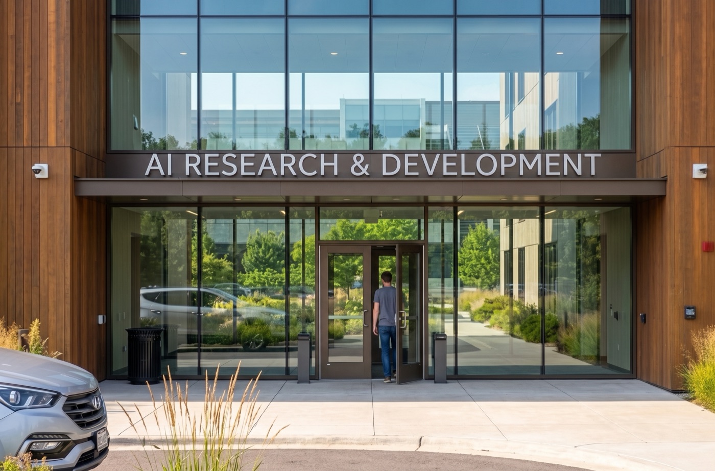 Concept entrance to an AI research and development building with glass walls and a timber canopy.