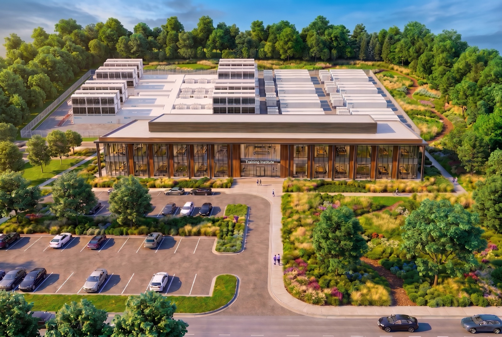 Concept rendering of the SAVRN Training Institute at the front of an AI campus, with classrooms facing a landscaped public entrance and compute facilities behind it.