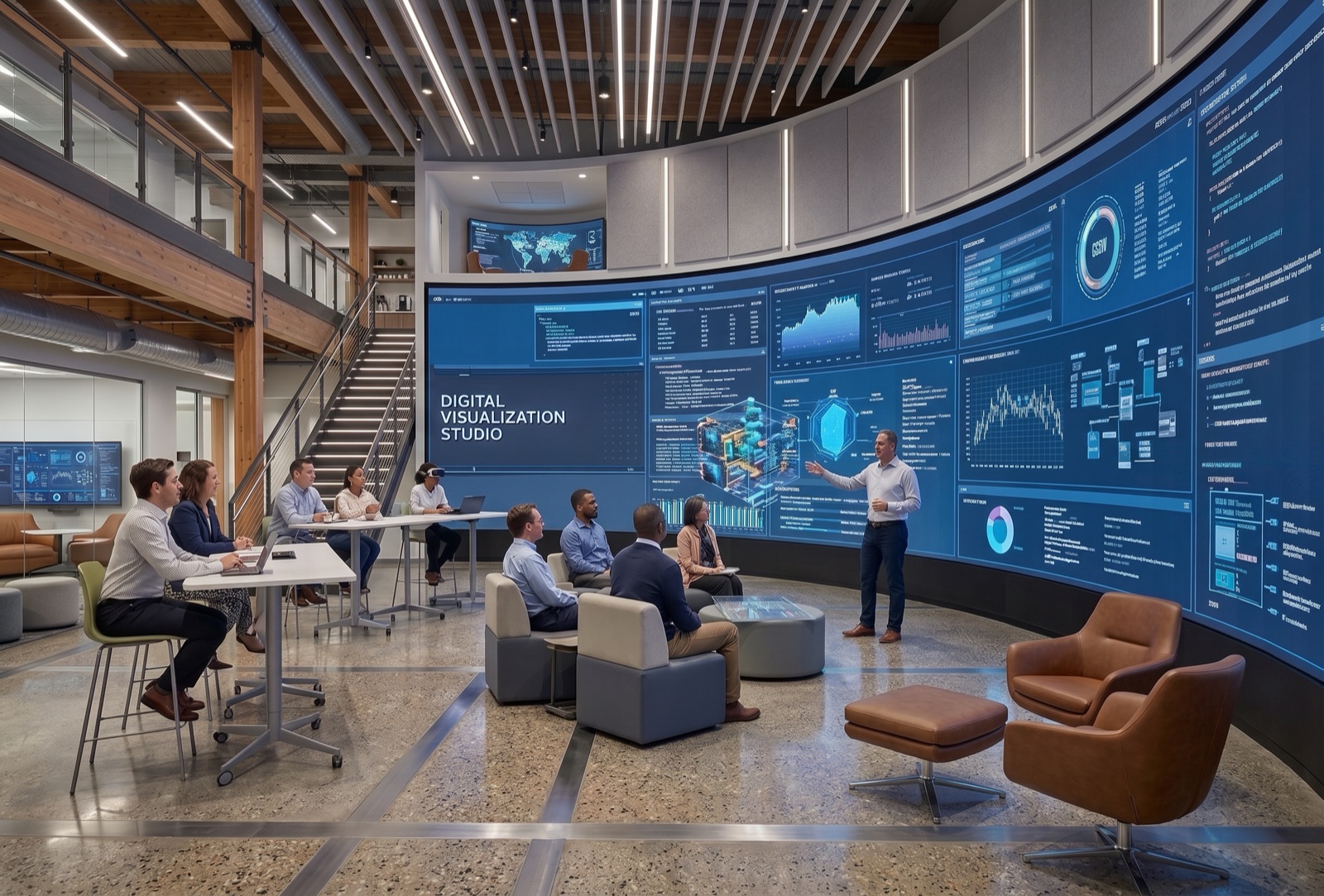 Concept visualization studio with people reviewing infrastructure diagrams and research displays.