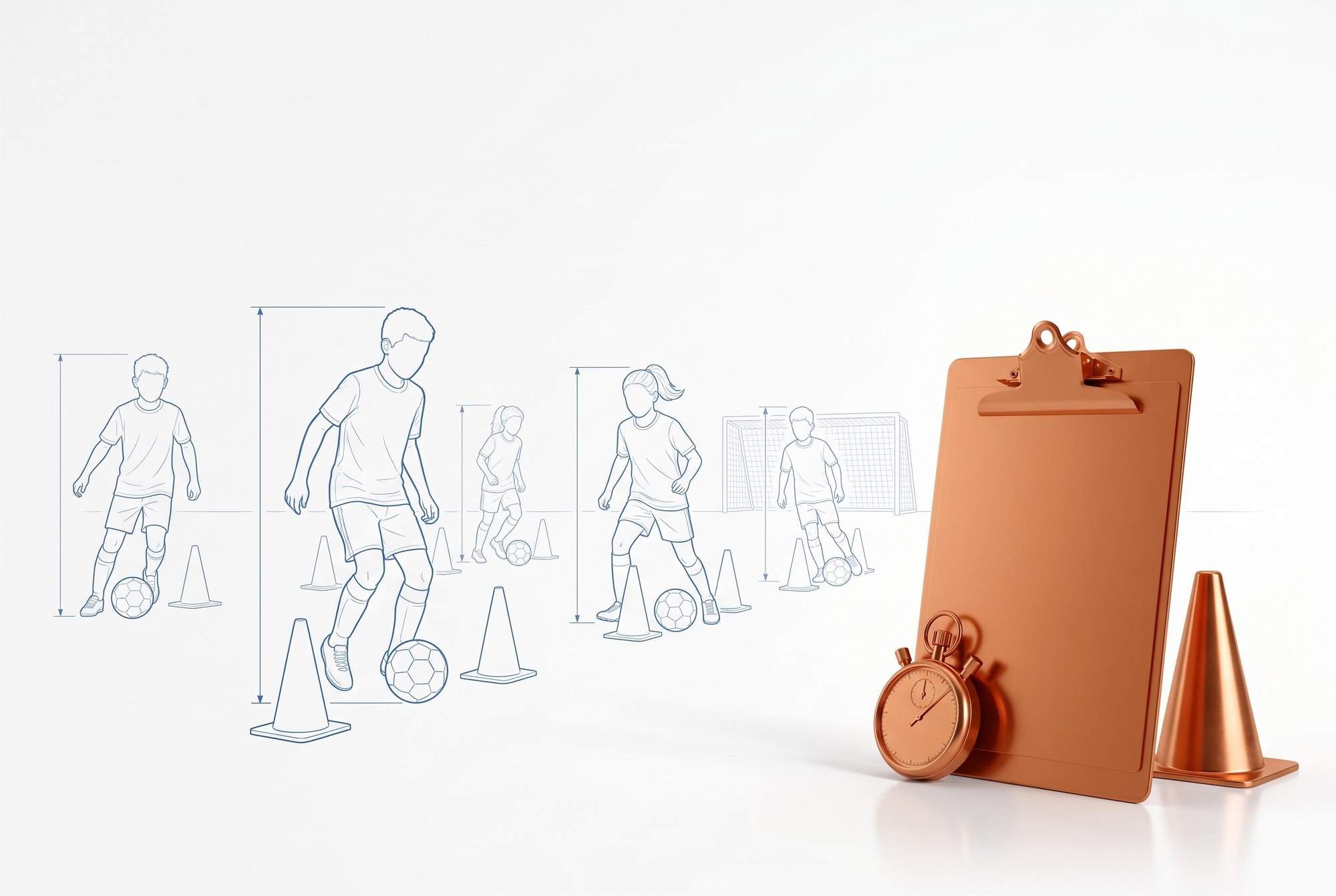 Concept illustration of a copper coach's clipboard, stopwatch and cone beside blueprint outlines of young soccer players of different heights in a training drill.