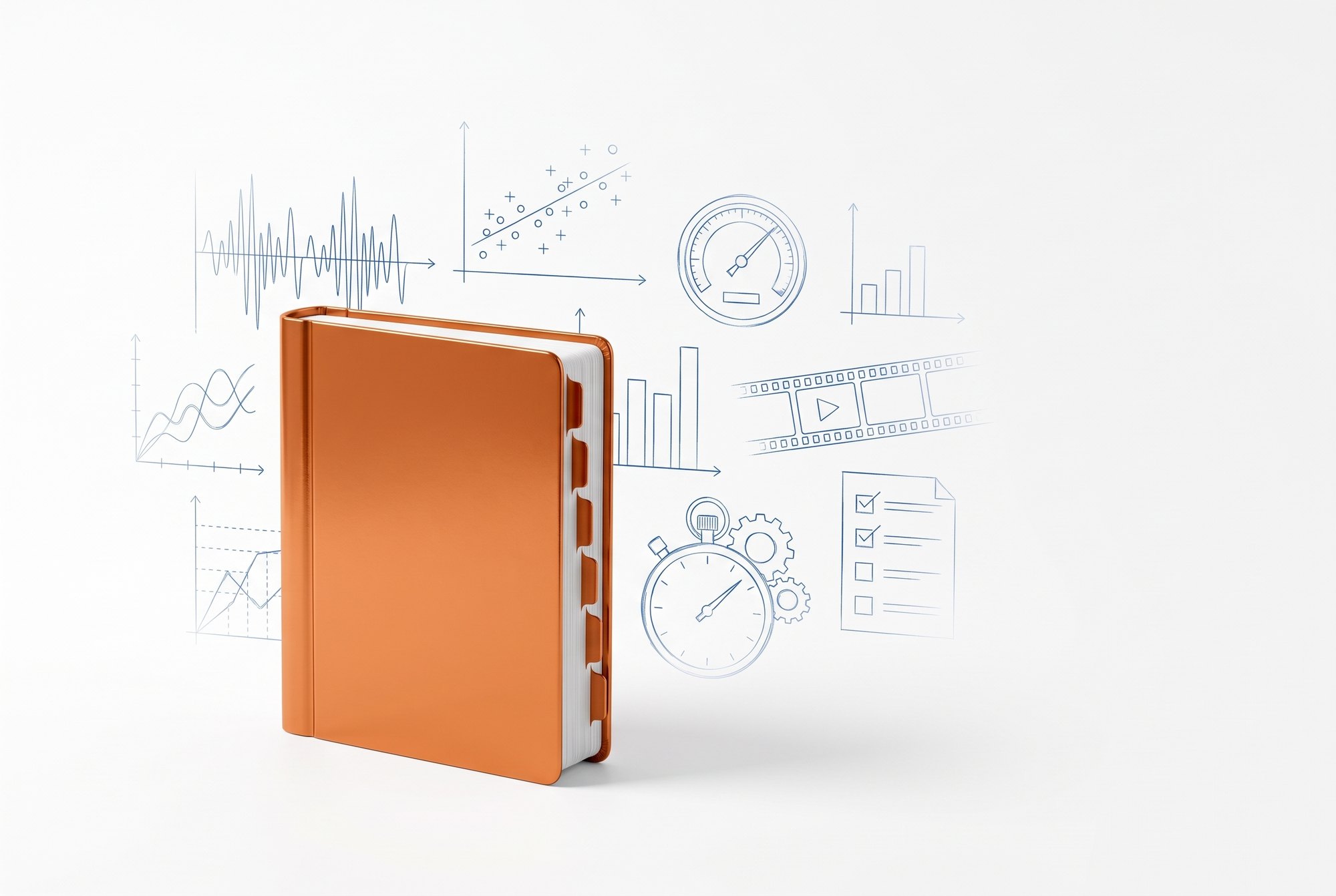 Concept illustration of a solid copper record book with six index tabs, surrounded by faint blueprint sketches of charts, a gauge, a stopwatch and video frames.