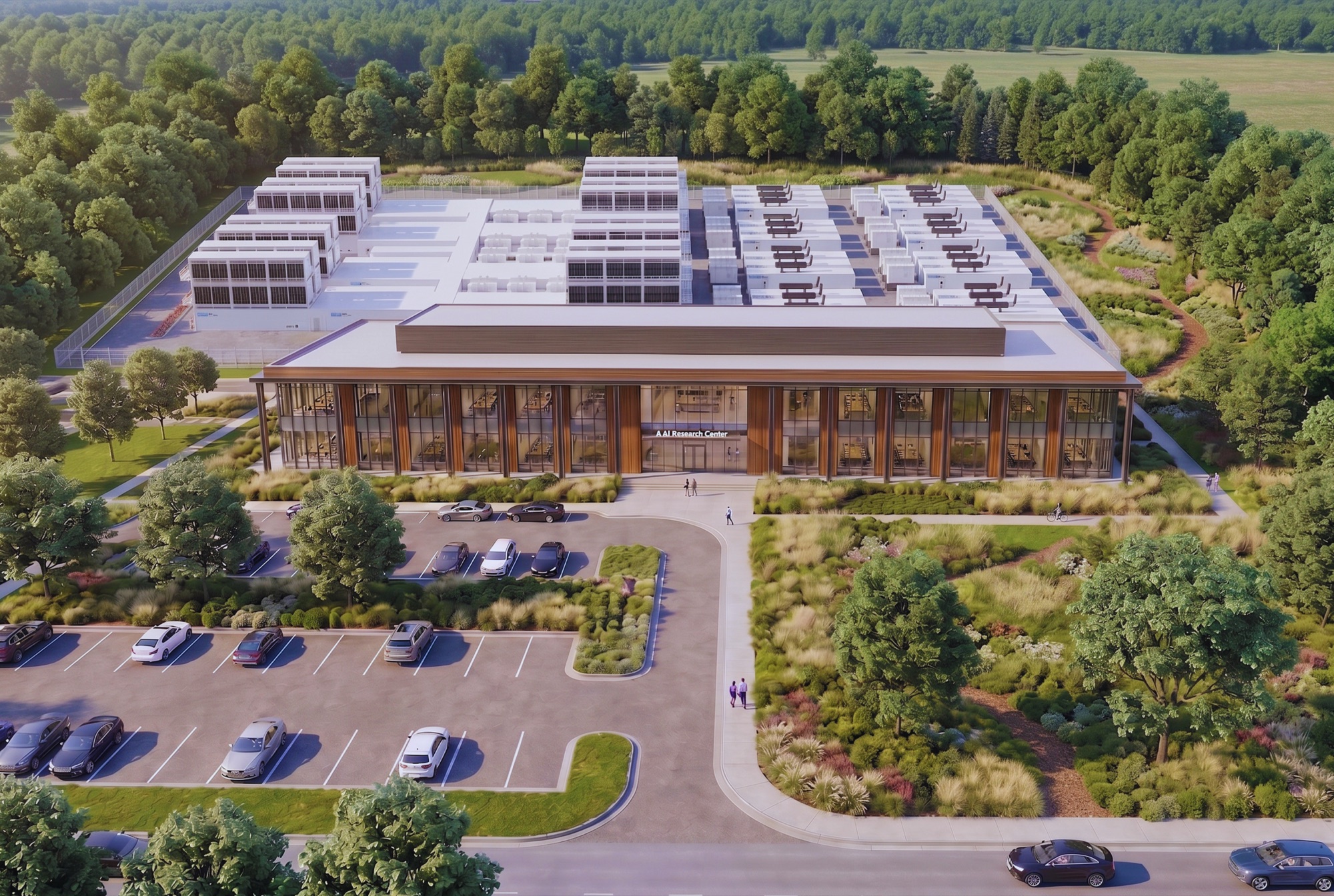 Concept rendering of a university AI research campus, with a research center facing a landscaped entrance and compute and cooling infrastructure behind it.