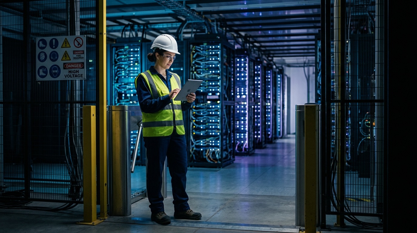 Illustrative data center operator using a tablet beside server equipment.