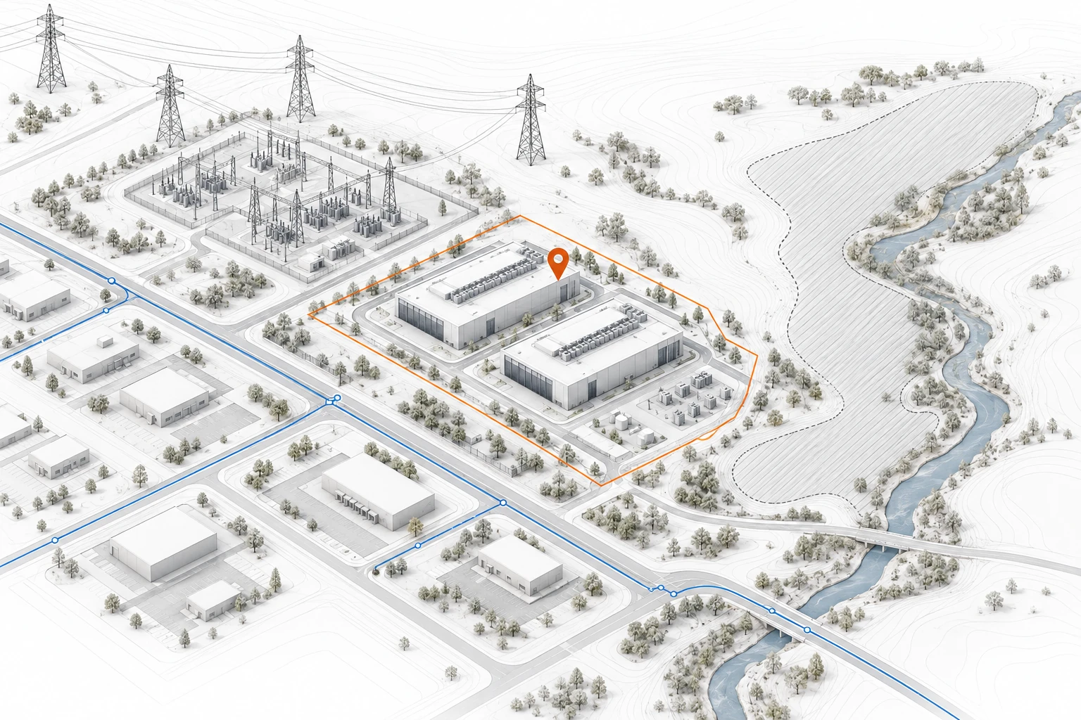 Isometric illustration of a candidate data center site in its surrounding landscape, with nearby power infrastructure, connectivity routes, and land constraints.