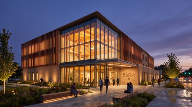 SAVRN Institute exterior at dusk
