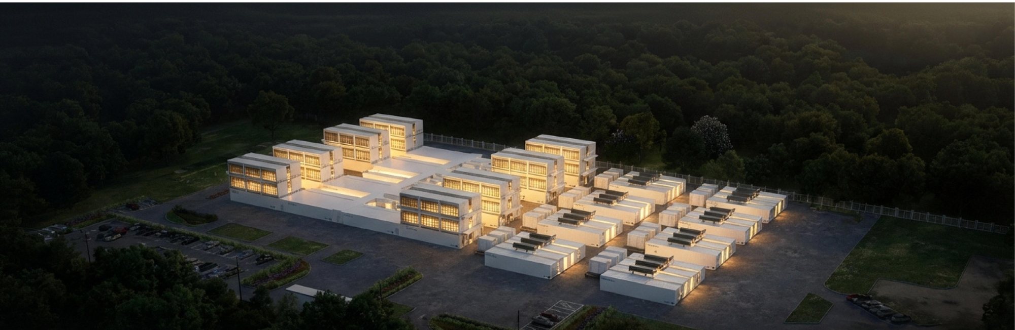 A modular AI factory campus at dusk: factory-built blocks in rows beside the main building