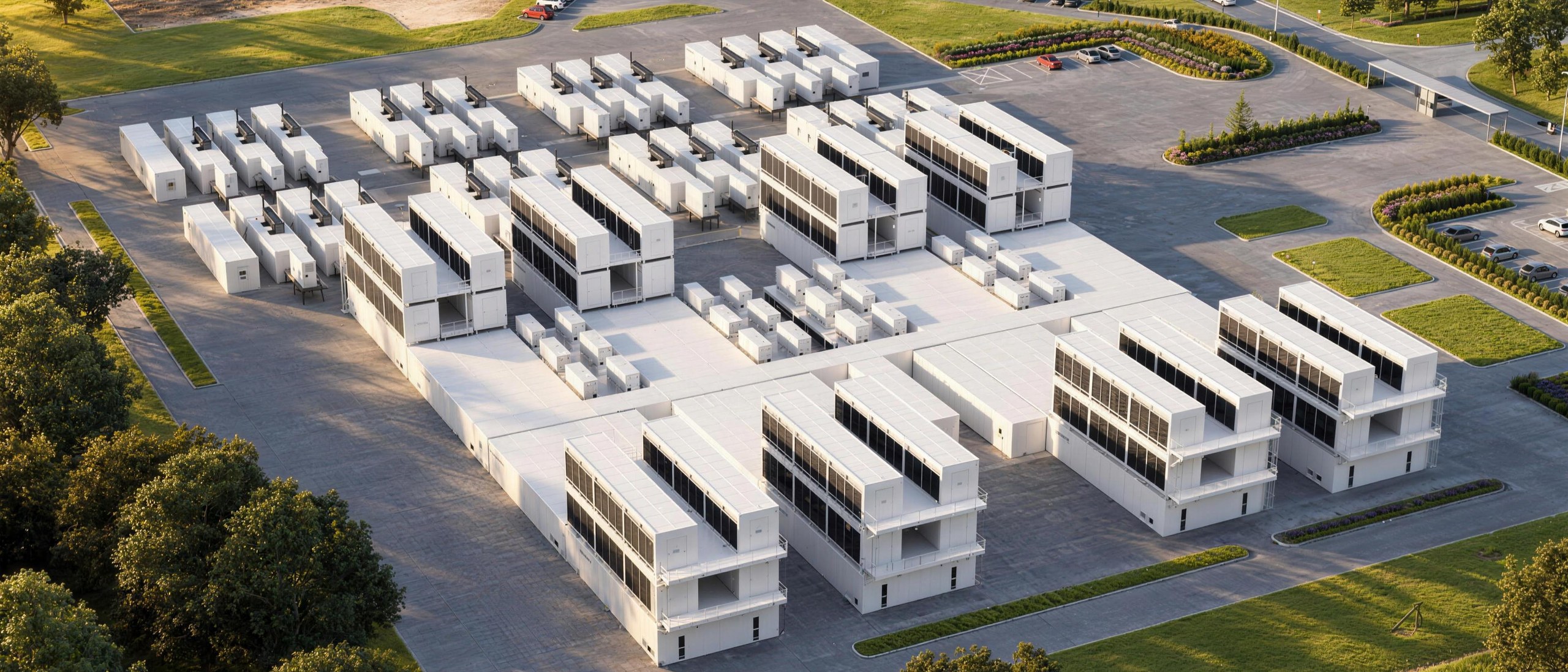 Aerial view of an IntelliFlex OctoPod campus at golden hour: stacked modular compute halls, cooling units, parking and landscaped grounds